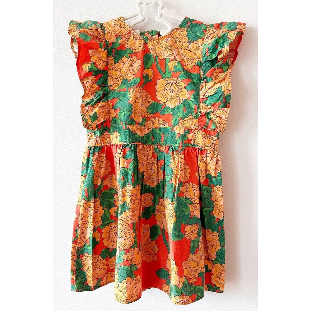 Mini Rodini Girls 4-5 Floral Ruffle Dress Green Orange Organic Cotton Boho